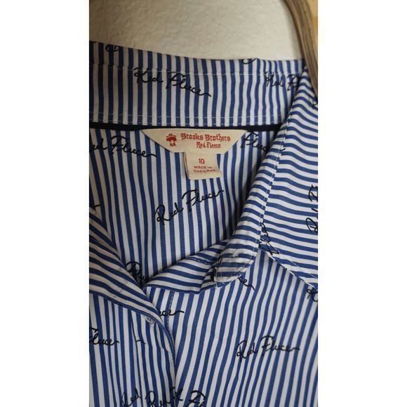 Brooks Brothers Blue Striped Sz 10 Cotton Blouse 3/4 Sleeve‎ Shirt w/ Red Fleece - Picture 4 of 6